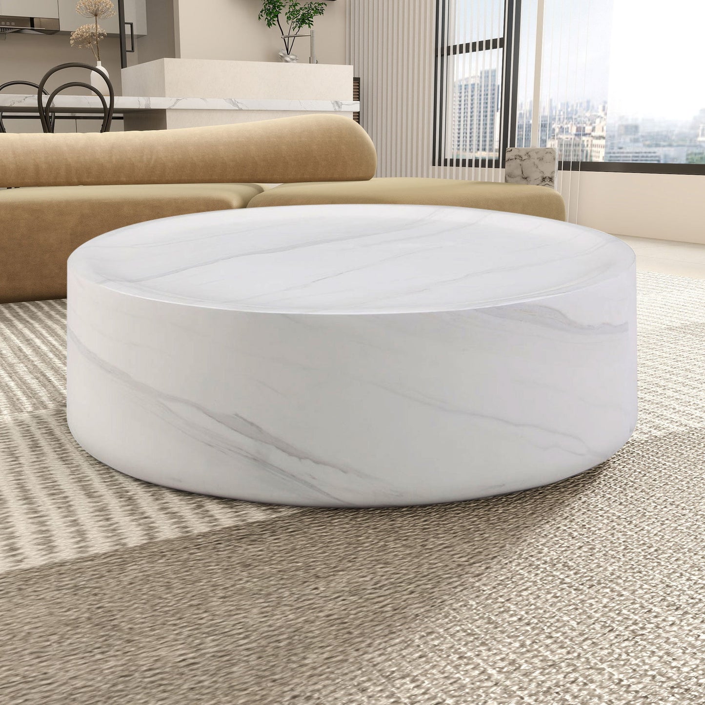 31.49'' Round Coffee Table,Sturdy Fiberglass Table for Living Room, White, No Need Assembly.WHITE
