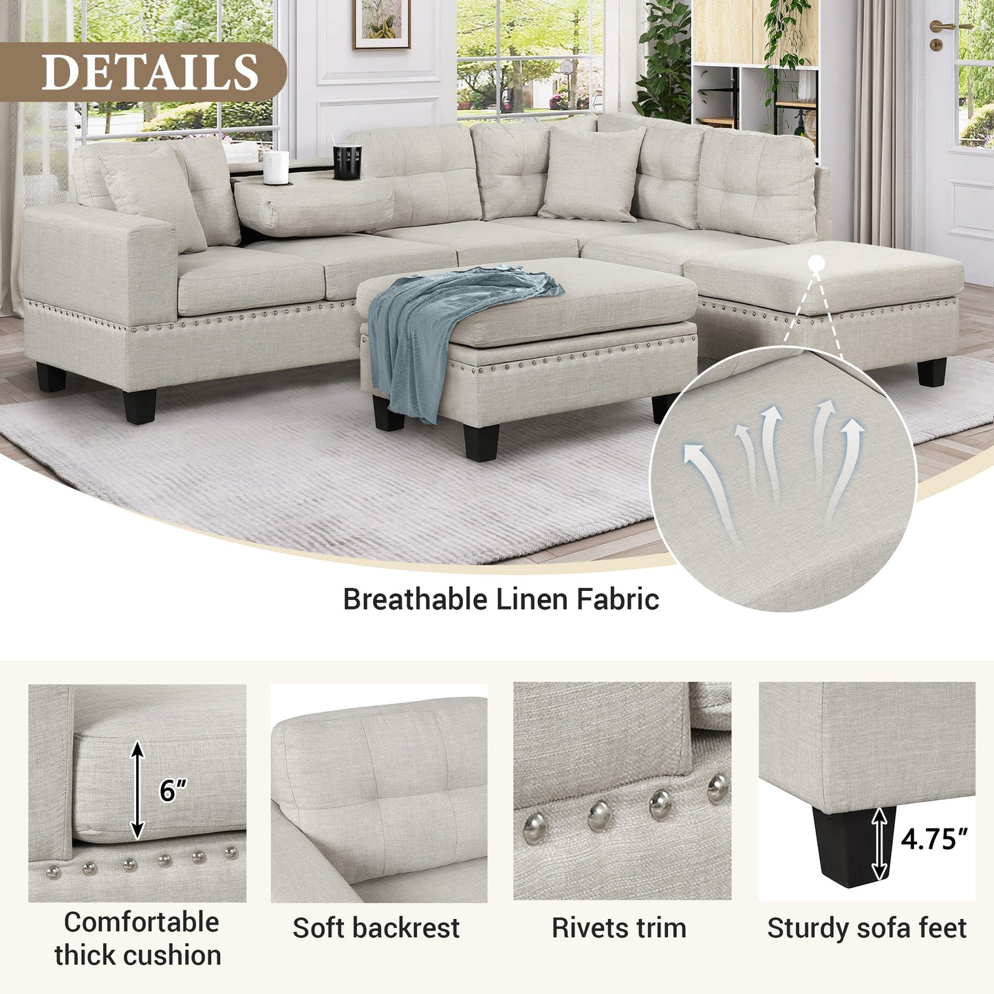 104.5" Modern Sectional Sofa With Storage Ottoman, L-Shape Couch With 2 Pillows and Cup Holder,Sectional Sofa