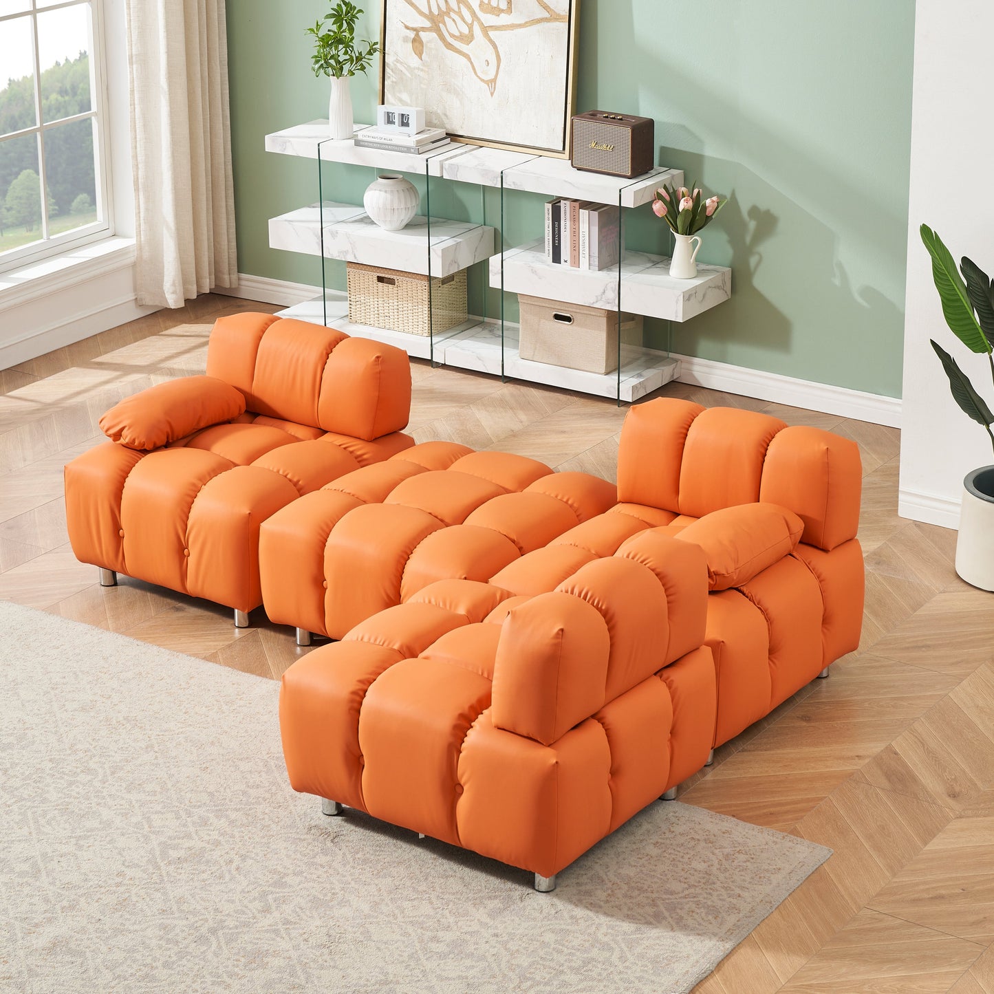 A 90.60-Inch Technology Cloth Orange Sofa, Waterproof, Stain and Cat Scratch Resistant, Can Comfortably Sit