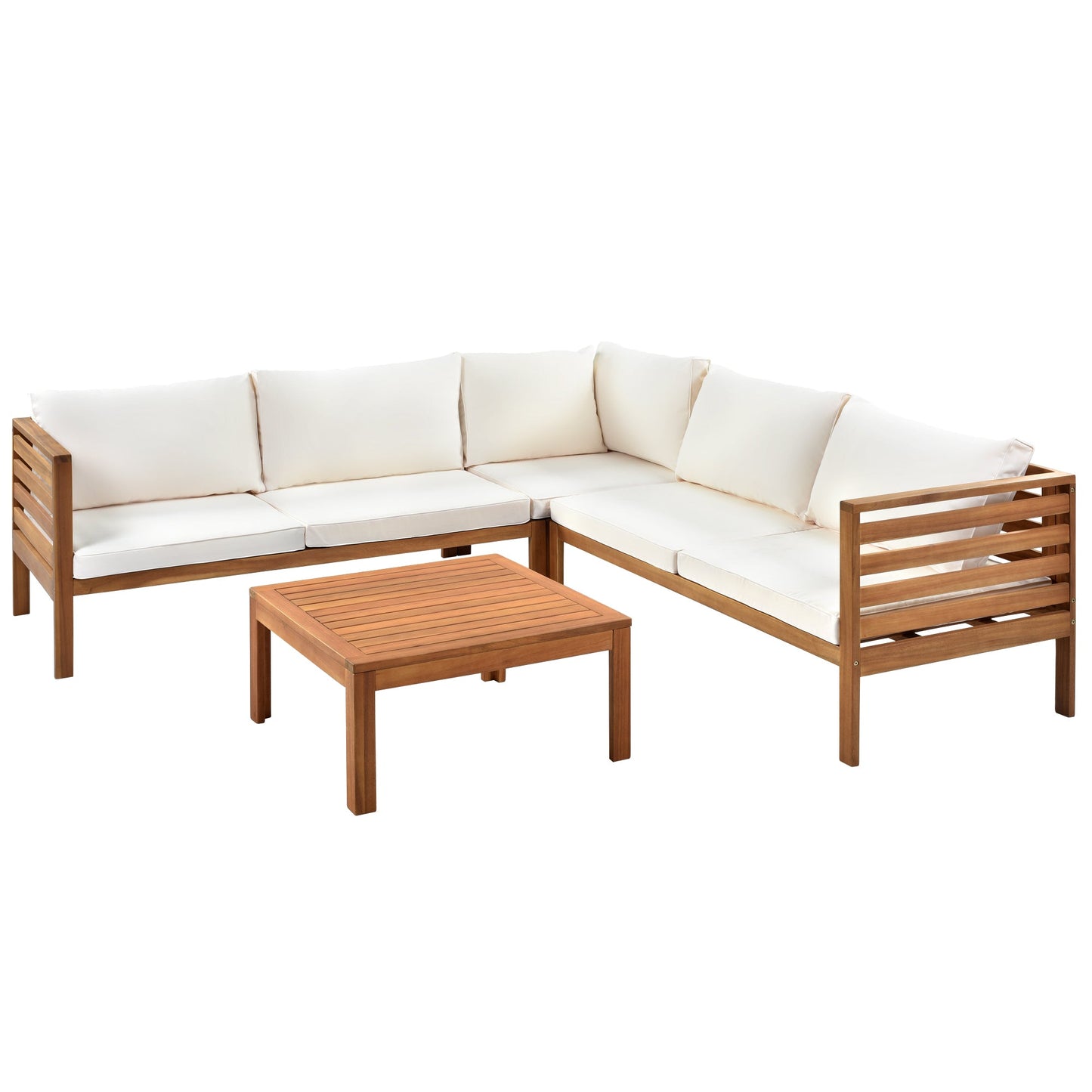 Wood Structure Outdoor Sofa Set With Beige Cushions Exotic Design Water-Resistant and UV Protected Texture High Quality
