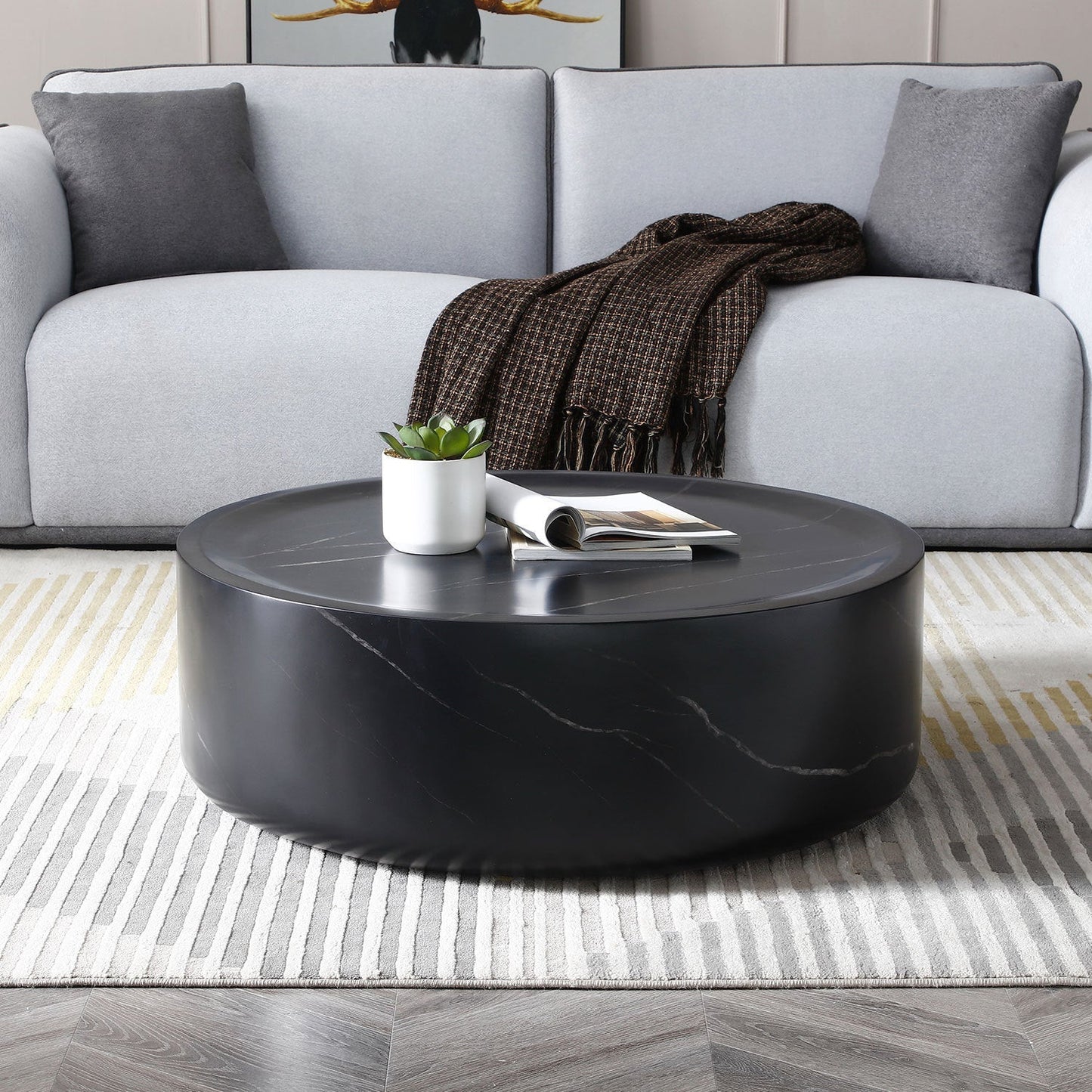 39.37'' Black Marble Round Coffee Table Sturdy Fiberglass Table for Living Room ,No Need Assembly
