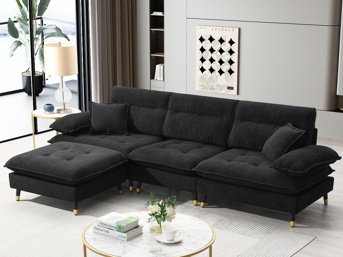 106*66.5" L Shaped Convertible Sectional Sofa,4 Seat Tufted Couch Set With Two-Tone Adjust Legs,Cloud Chenille Fabric