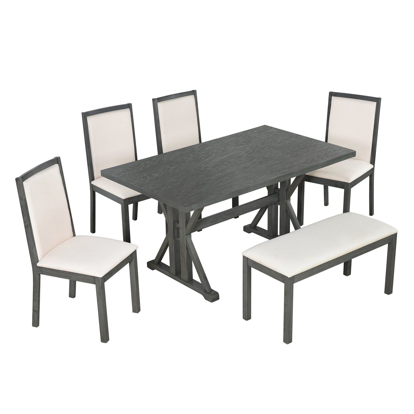 Farmhouse Classical 6-Piece Dining Table Set With Trestle Legs,Kitchen Table Set for 6 With 4 Upholstered Dining Chairs