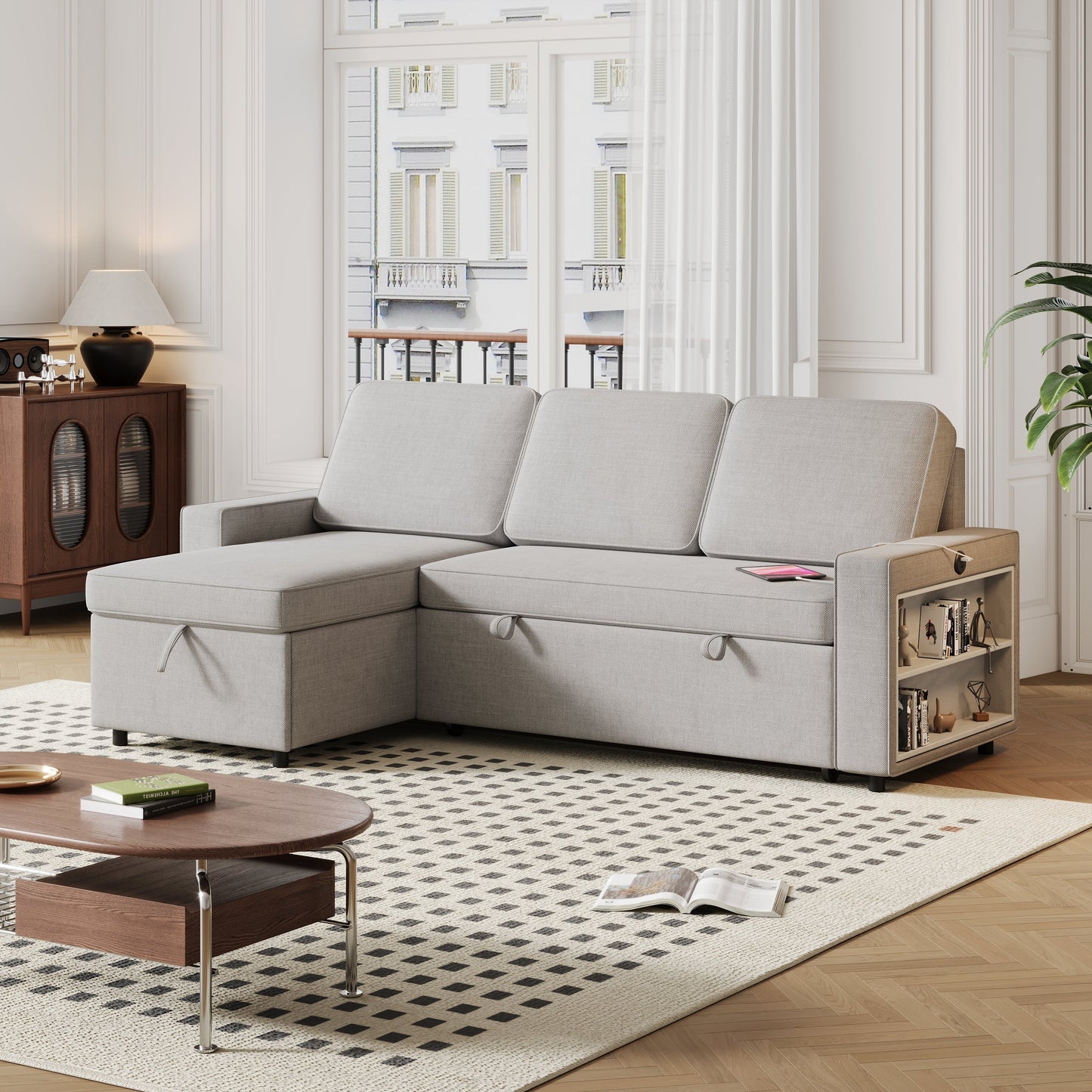 85.8" Pull Out Sleeper Sofa L-Shaped Couch Convertible Sofa Bed With Storage Chaise and Storage Racks,With USB Port