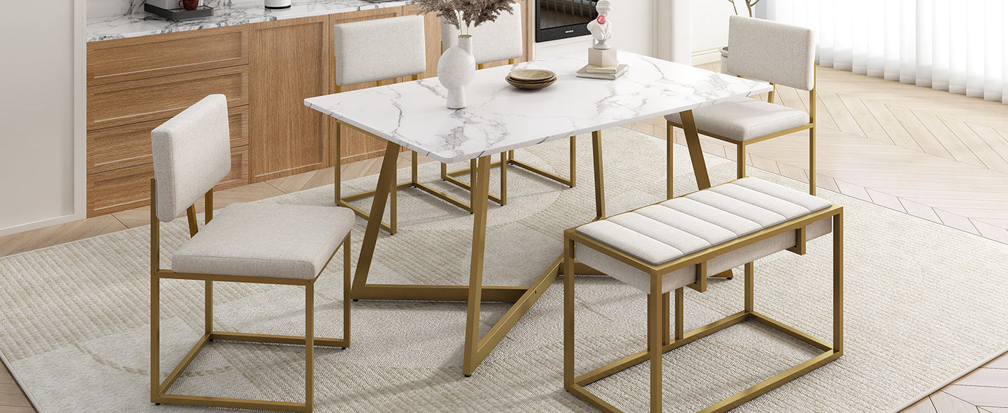 Modern Faux Marble 6-Piece Dining Table Set,60inch Metal Kitchen Table Set With Upholstered Dining Chairs and Bench