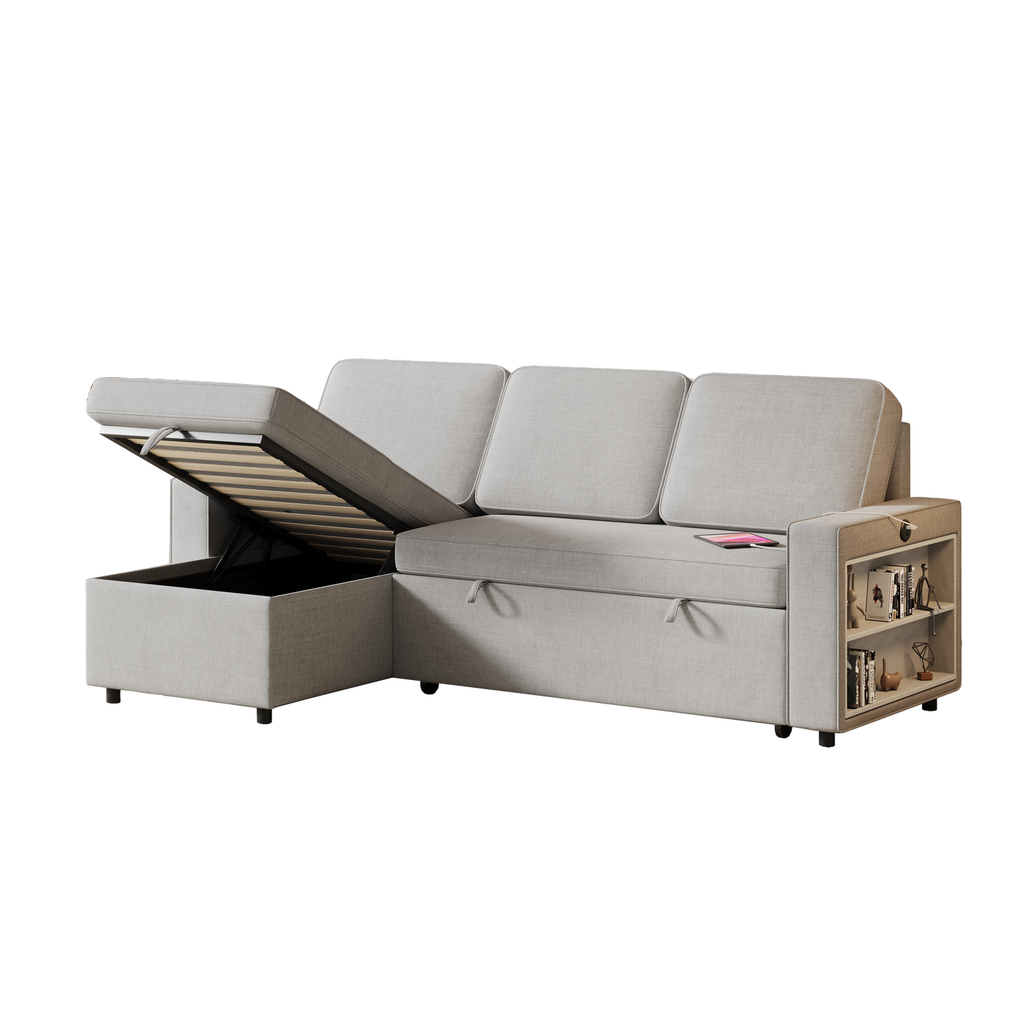 85.8" Pull Out Sleeper Sofa L-Shaped Couch Convertible Sofa Bed With Storage Chaise and Storage Racks,With USB Port
