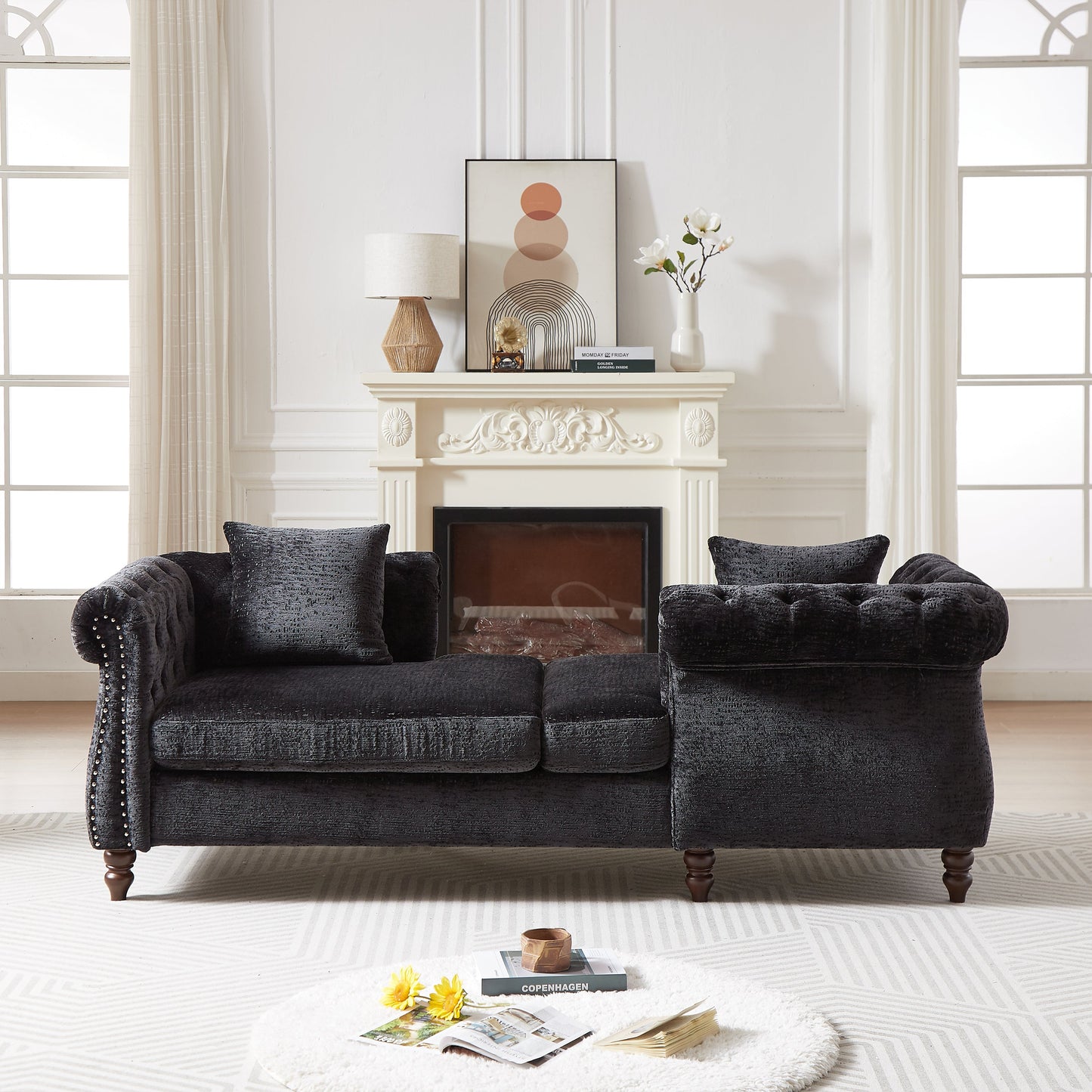 81-Inch Chenille Face-To-Face Chaise Lounge With Two Pillows,Nailhead Trim,Button Tufted Design