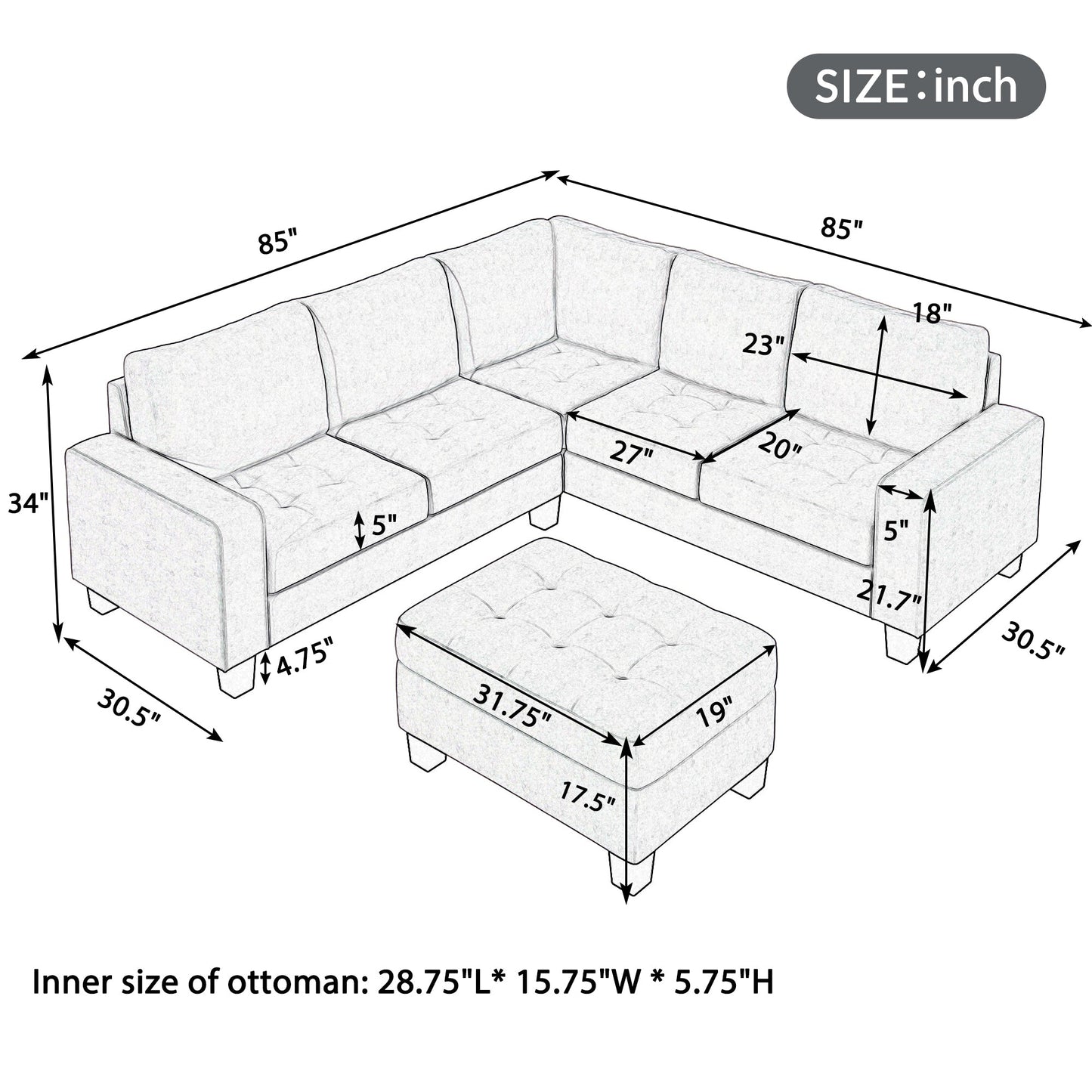 Sectional Corner Sofa L-Shape Couch Space Saving With Storage Ottoman