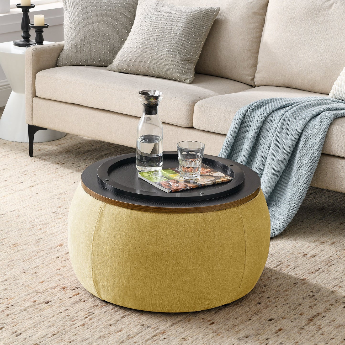 Round Storage Ottoman, 2 in 1 Function, Work as End Table and Ottoman, Yellow