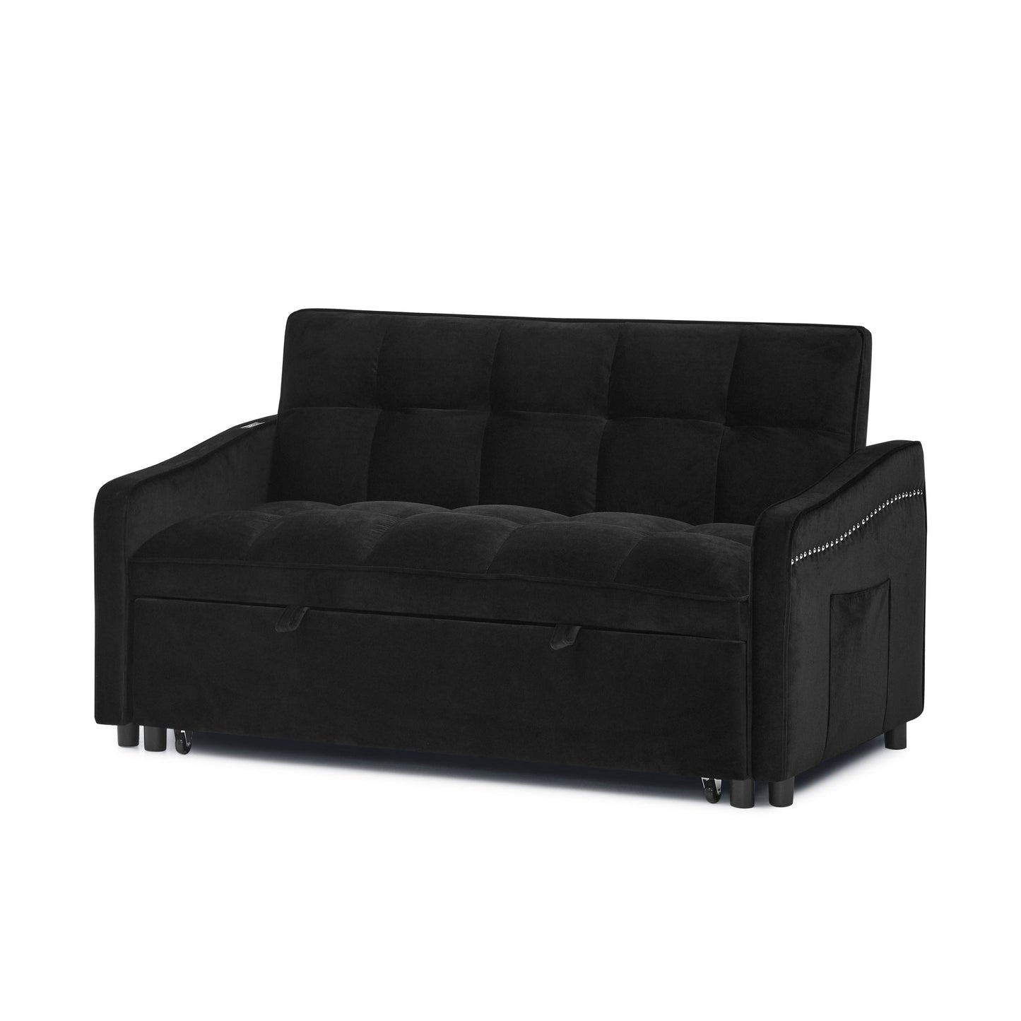 Loveseats Sofa Bed With Pull-Out Bed,Adjsutable Back and Two Arm Pocket,TypeC and USB Charging With Copper Nail,Black