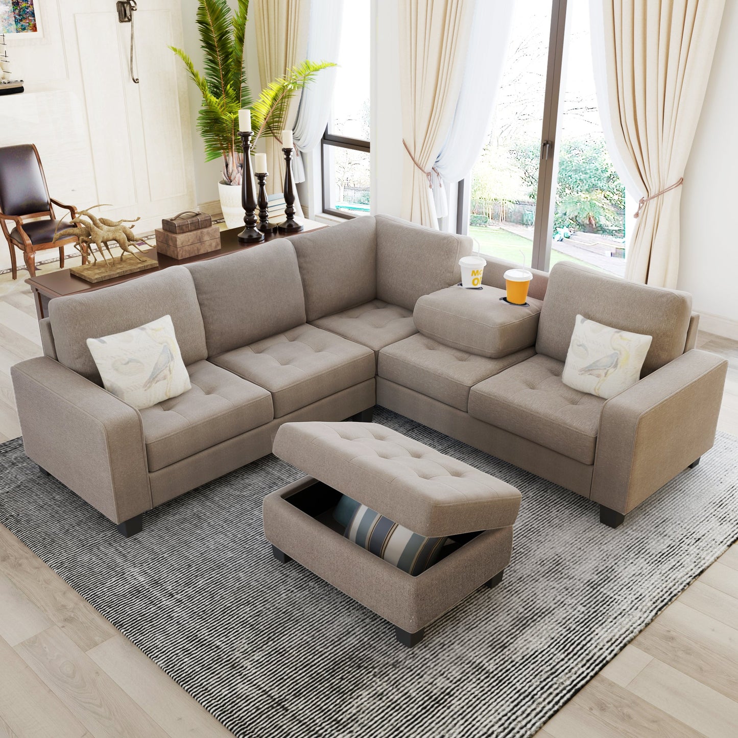 Sectional Corner Sofa L-Shape Couch Space Saving With Storage Ottoman