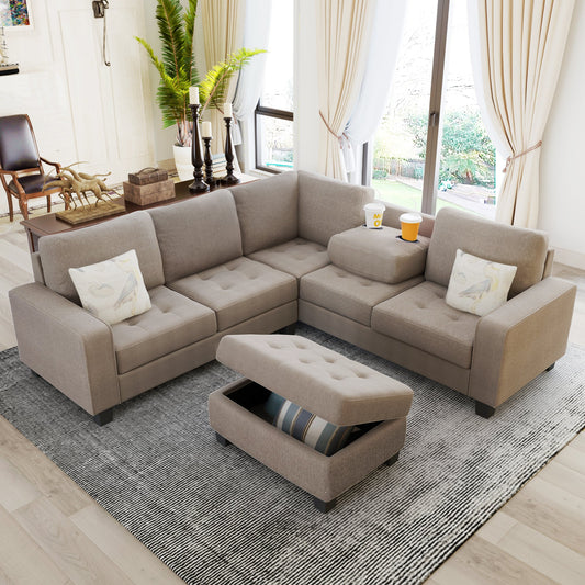 Sectional Corner Sofa L-Shape Couch Space Saving With Storage Ottoman