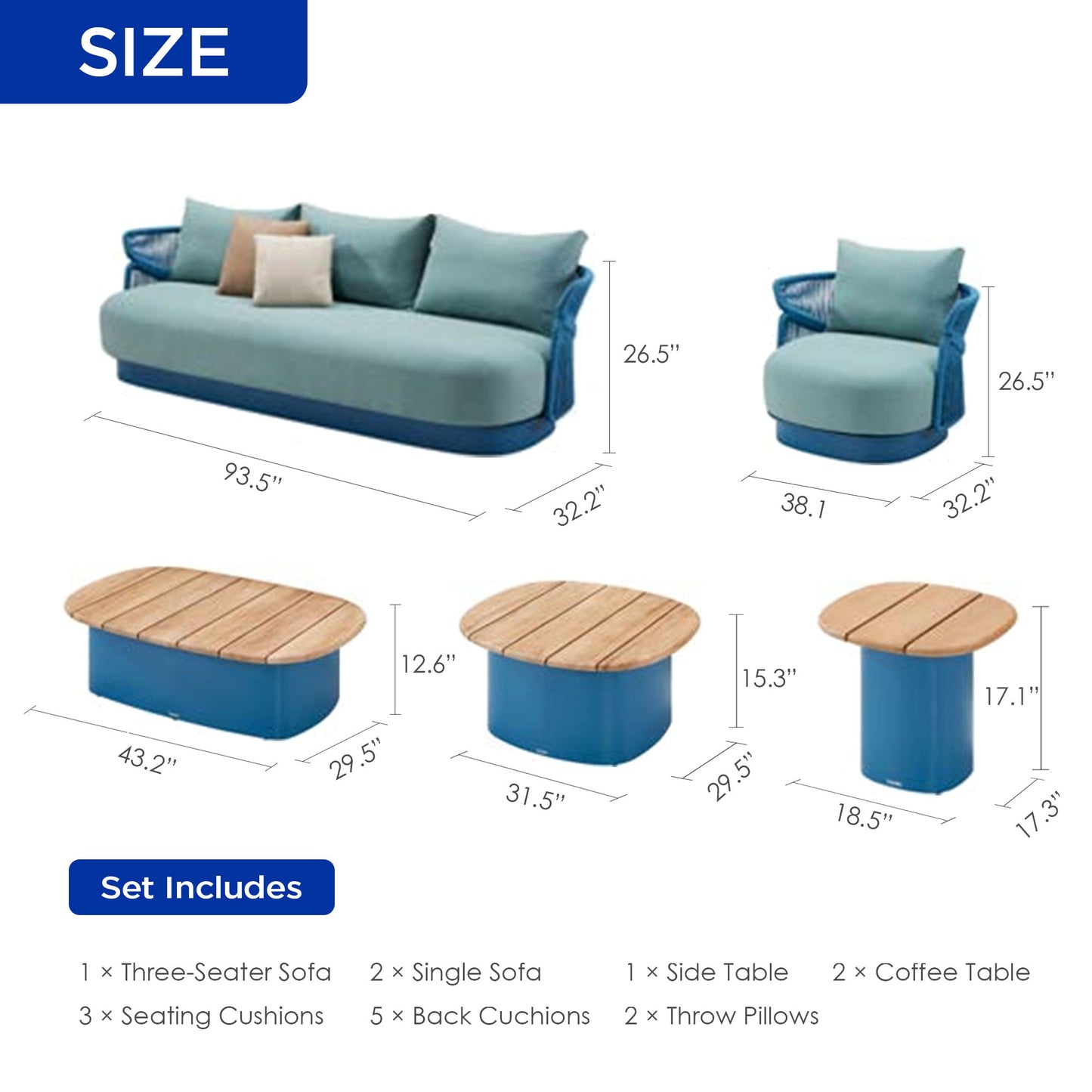 Aio 5-Seater Teak Outdoor Conversation Sofa Set With 8 Inch Thickness Cushions