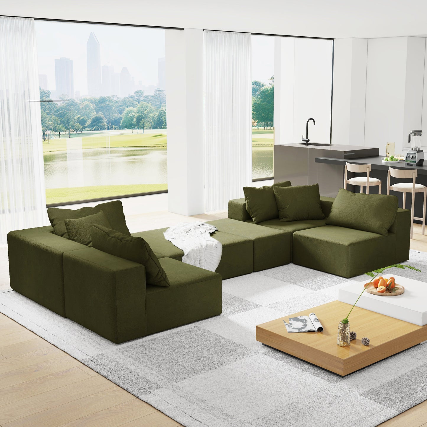 Modern Upholstered Sectional Sofa Couch Set,Modular 132" L Shaped Sectional Living Room Sofa Set With 6 Pillows