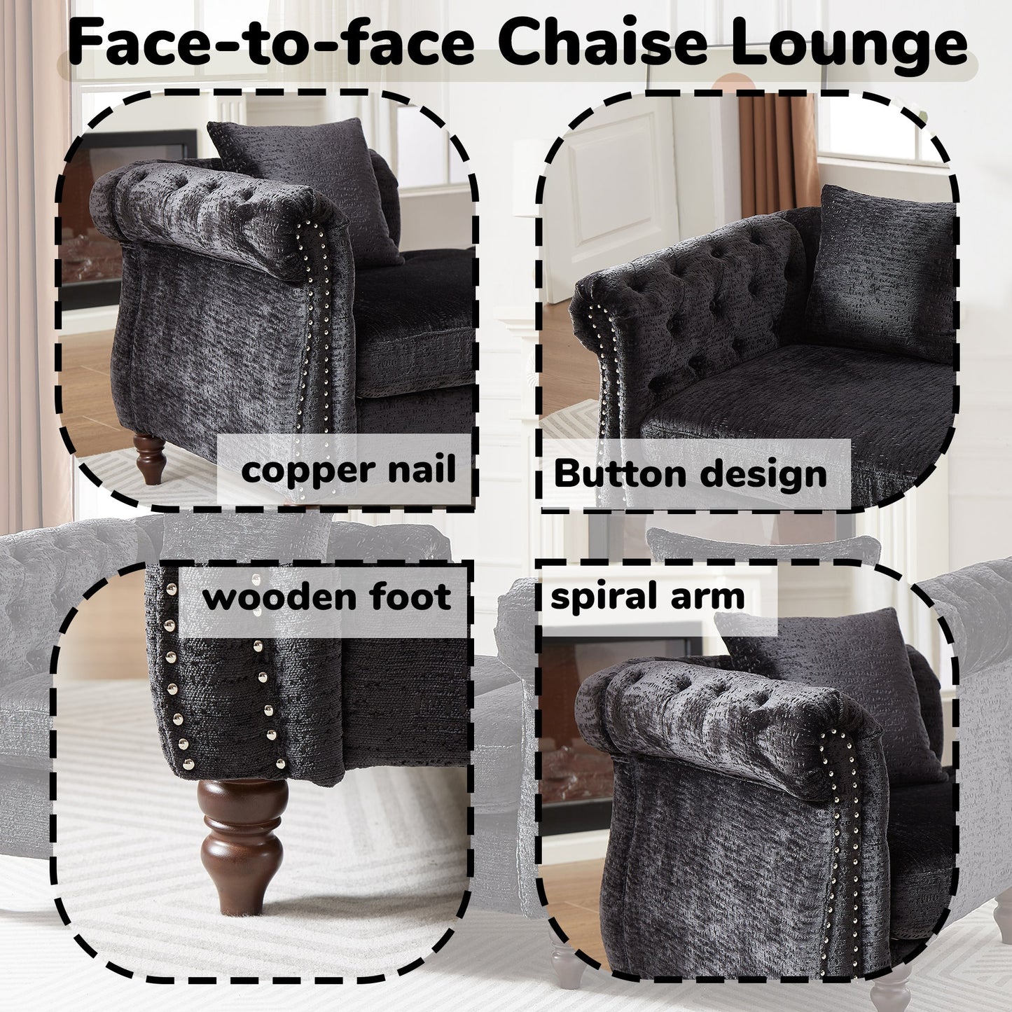 81-Inch Chenille Face-To-Face Chaise Lounge With Two Pillows,Nailhead Trim,Button Tufted Design