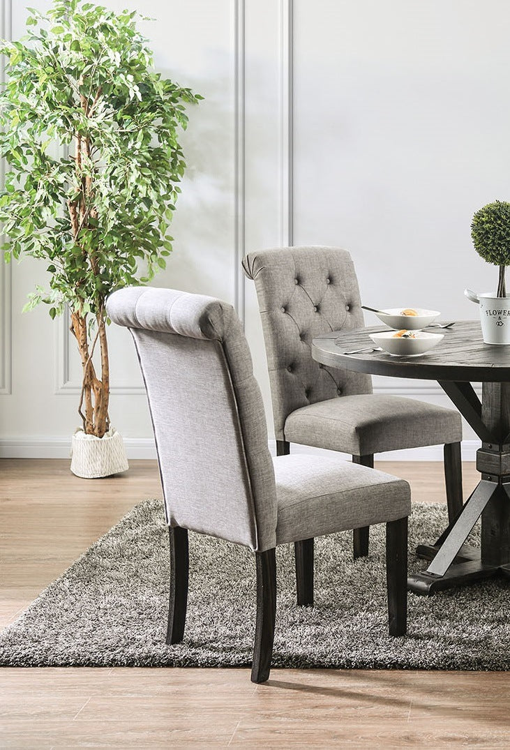 Classic Antique Black / Light Gray Set of 2 Side Chairs Button Tufted Linen Like Fabric Solid Wood Chair Upholstered