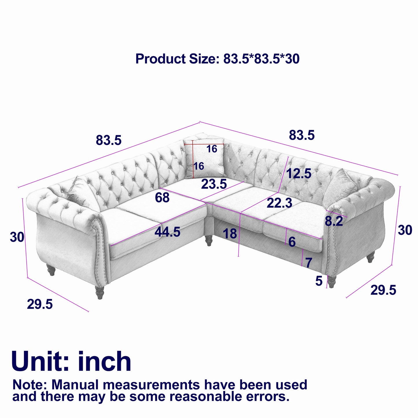 83.5-Inch Oversized Corner Sofa Covers, L-Shaped Sectional Couch,   5-Seater Corner Sofas With 3 Pillows for Living Room