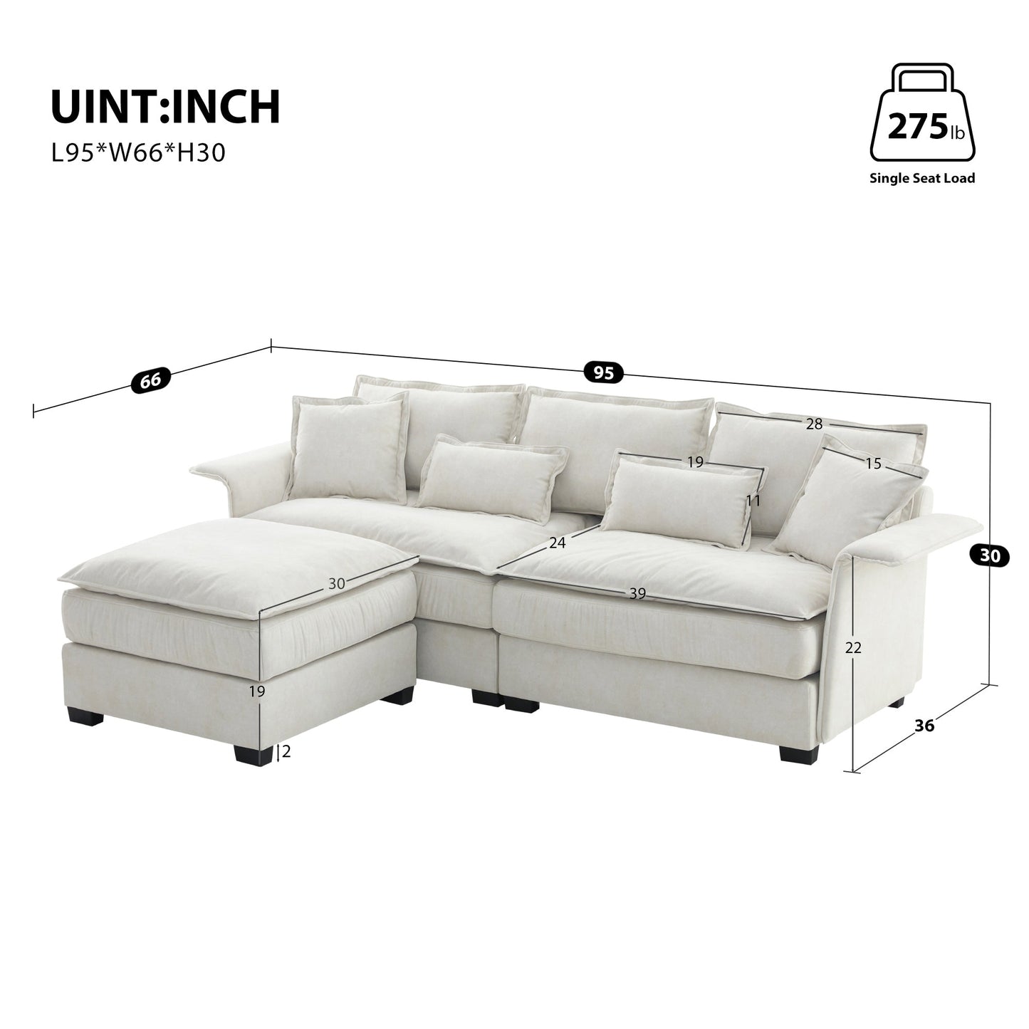 95*66"Oversized Luxury Sectional Sofa With Bentwood Armrests,4 Seat Upholstered Indoor Furniture With Double Cushions