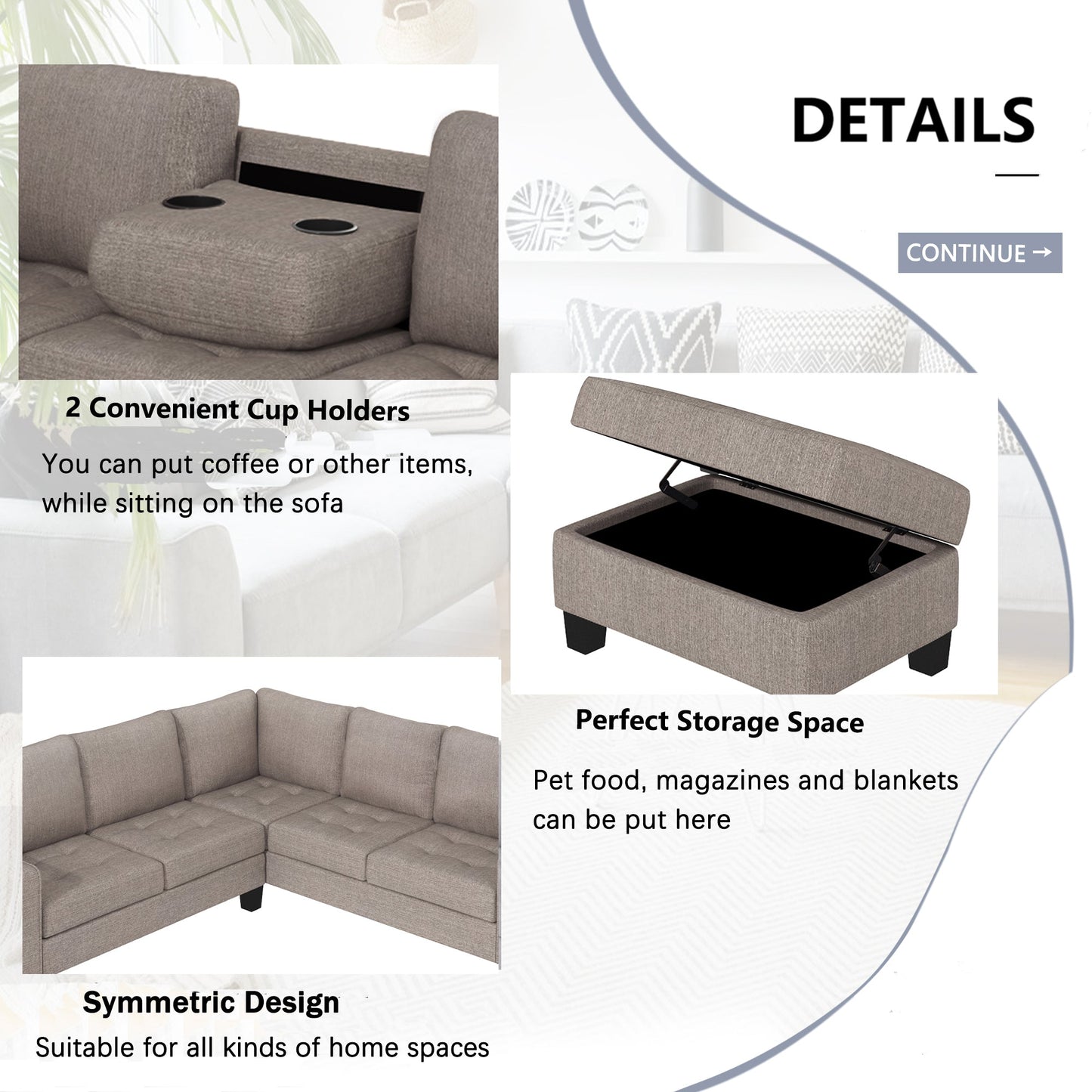 Sectional Corner Sofa L-Shape Couch Space Saving With Storage Ottoman