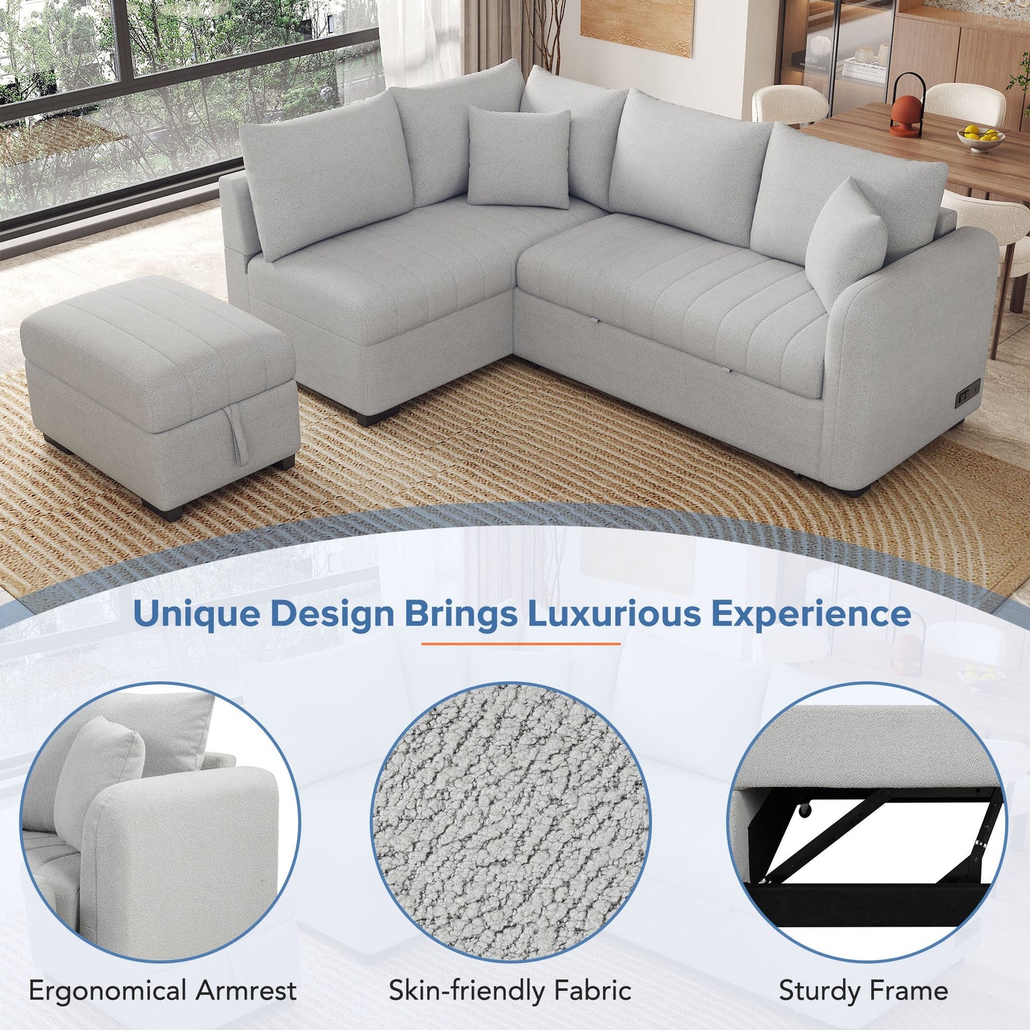 82.6" L-Shaped Sectional Pull Out Sofa Bed Sleeper Sofa With Two USB Ports, Two Power Sockets