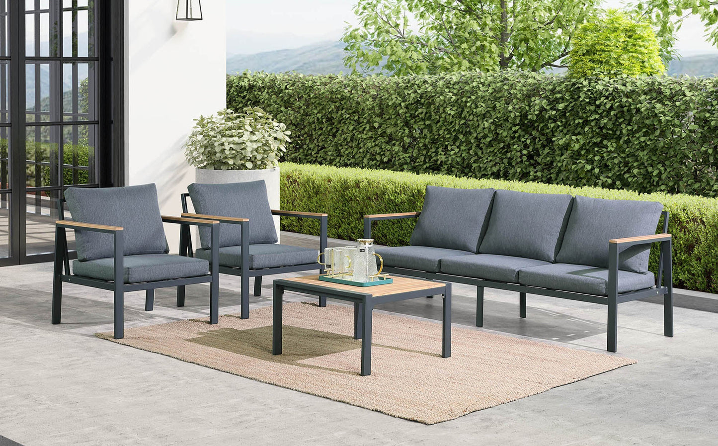 Rossio Outdoor 4 Piece Conversation Set, Matte Charcoal Aluminum Frame, Waterproof Fabric Cover