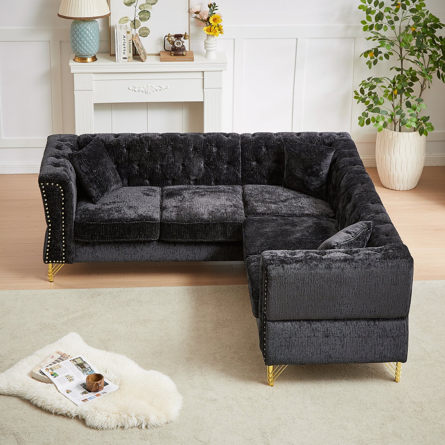 81.5-Inch Chenille Corner Sofa , L-Shaped Sectional Couch, 5-Seater Corner Sofas With 3 Cushions for Living Room, Bedroom