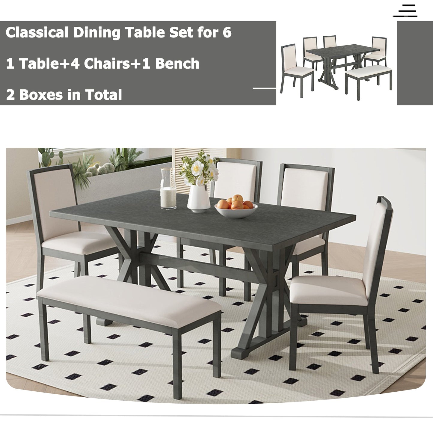Farmhouse Classical 6-Piece Dining Table Set With Trestle Legs,Kitchen Table Set for 6 With 4 Upholstered Dining Chairs
