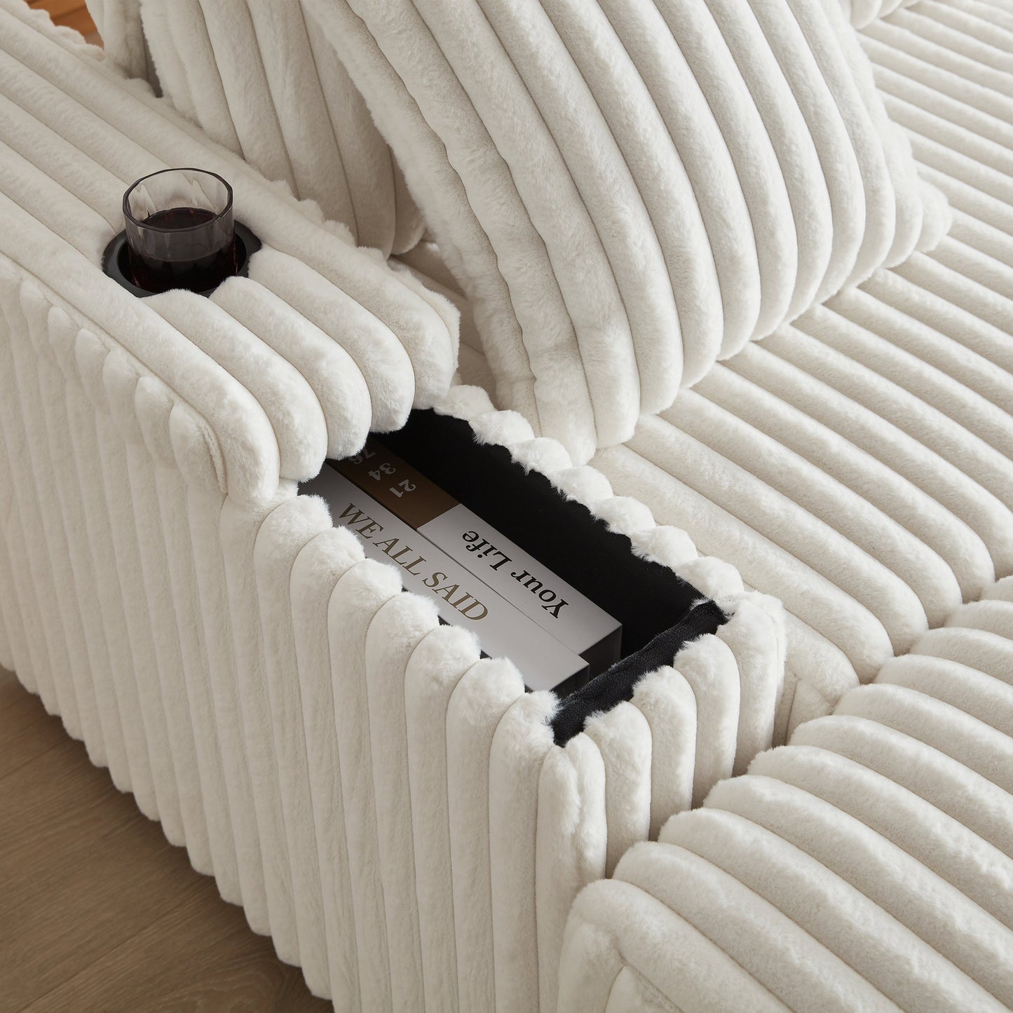 84Inch Corduroy 3-Seater Sofa With 3 Back Pillows ,2 Toss Pillows , a Ottoman ,2storage Spaces and Cup-Holding Grooves