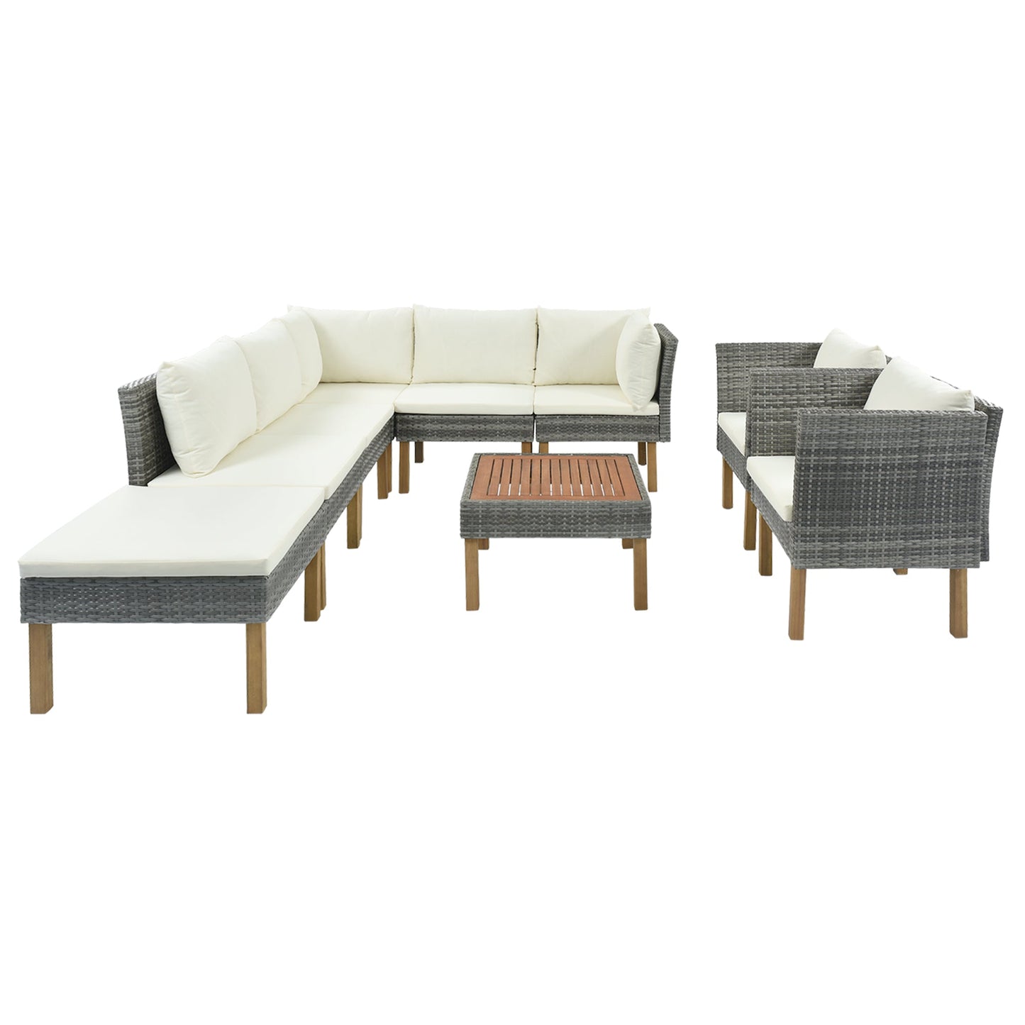 9-Piece Outdoor Patio Garden Wicker Sofa Set, Gray PE Rattan Sofa Set, With Wood Legs, Acacia Wood Tabletop