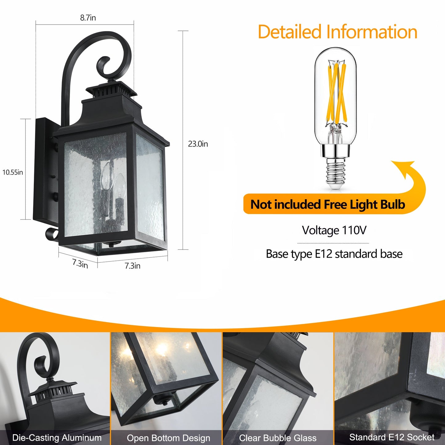 Large Outdoor Wall Lamps With Glass Supports Multiple Types of Light Bulbs 1 Pack