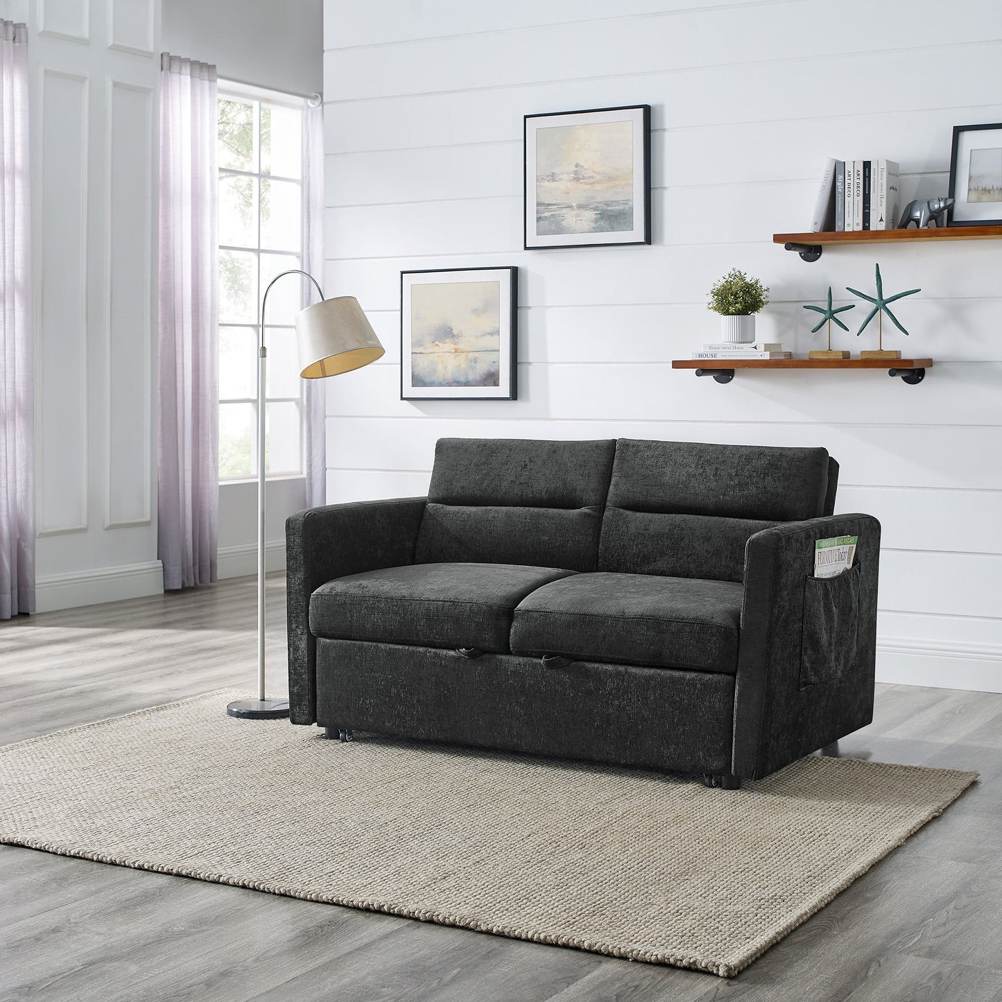 Loveseats Sofa Bed With Pull-Out Bed,Adjsutable Back and Two Arm Pocket,Black (54.5"x33"x31.5")