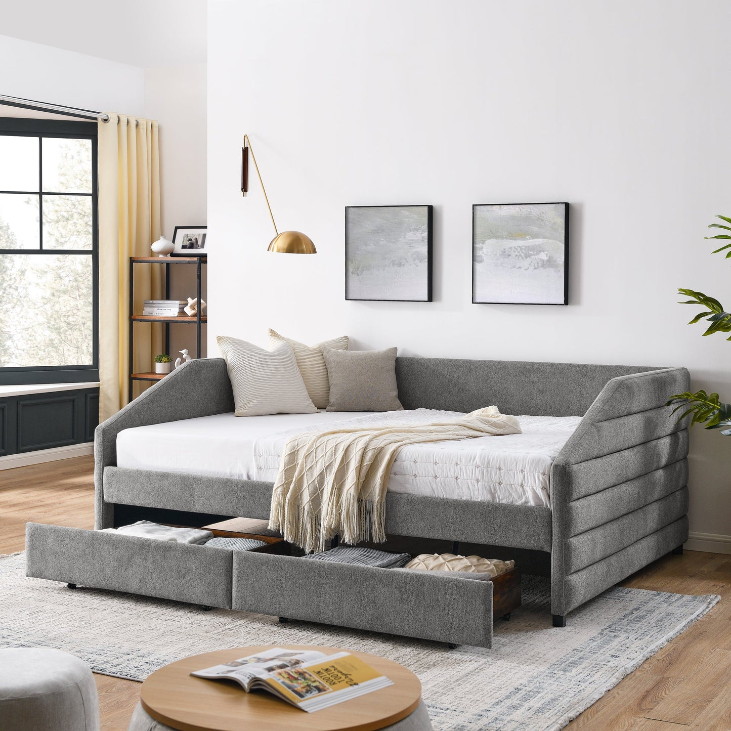 Queen Size Daybed With Two Drawers Trundle Upholstered Tufted Sofa Bed, Linen Fabric, Grey (88"x64.5"x34")