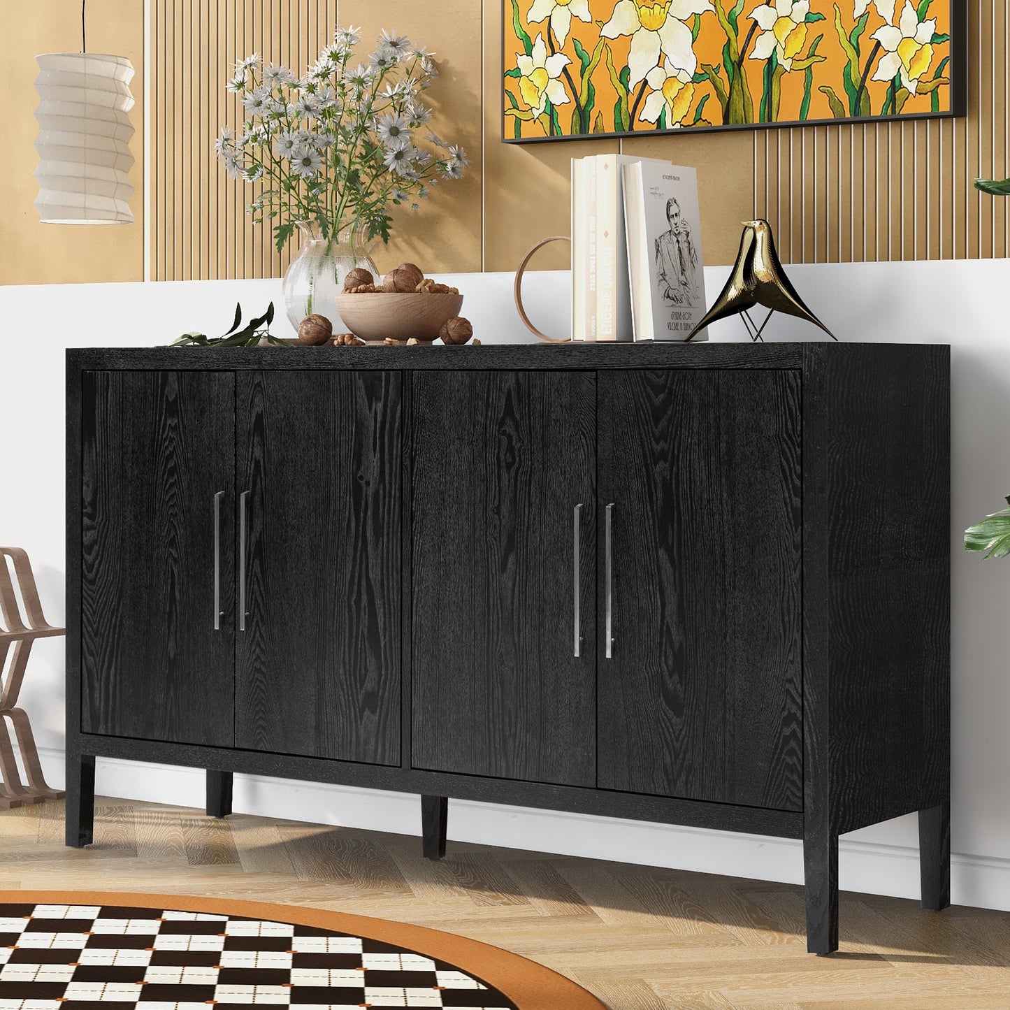 Storage Cabinet Sideboard Wooden Cabinet With 4 Metal Handles ,4 Shelves and 4 Doors for Hallway, Entryway, Living Room