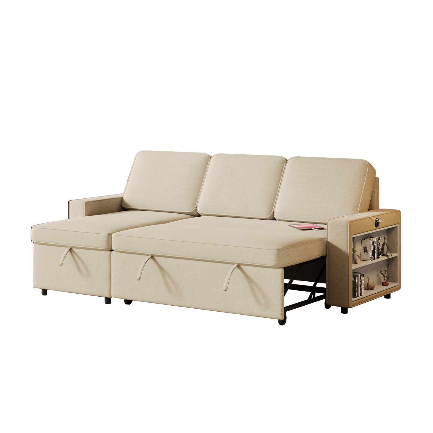 85.8" Pull Out Sleeper Sofa L-Shaped Couch Convertible Sofa Bed With Storage Chaise and Storage Racks,With USB Port