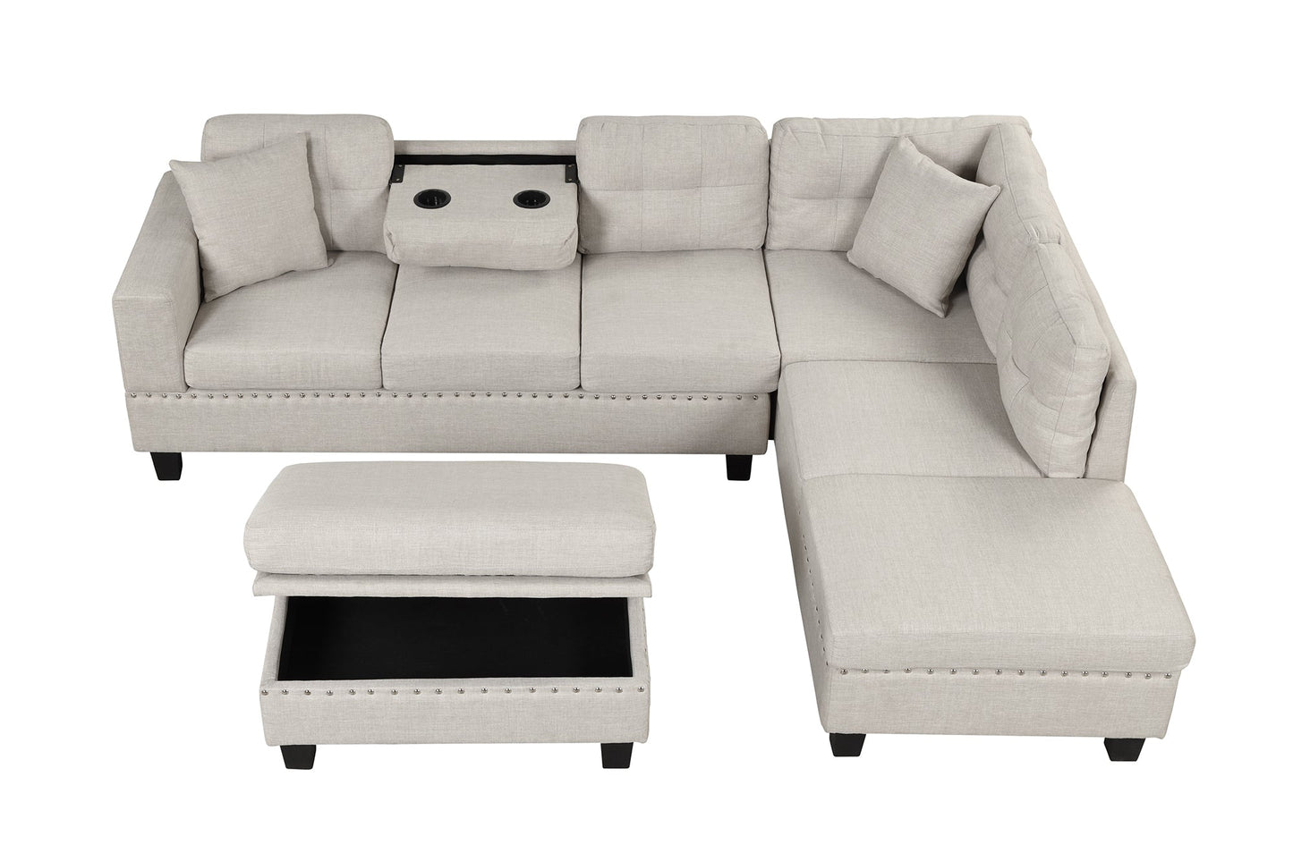 104.5" Modern Sectional Sofa With Storage Ottoman, L-Shape Couch With 2 Pillows and Cup Holder,Sectional Sofa