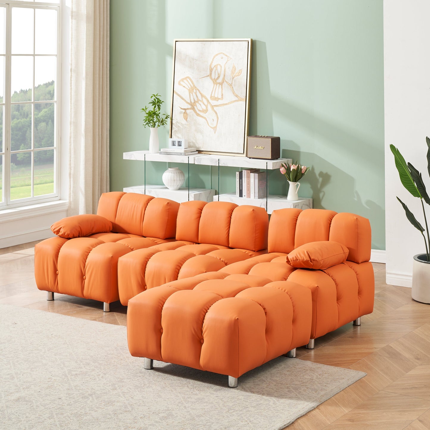 A 90.60-Inch Technology Cloth Orange Sofa, Waterproof, Stain and Cat Scratch Resistant, Can Comfortably Sit