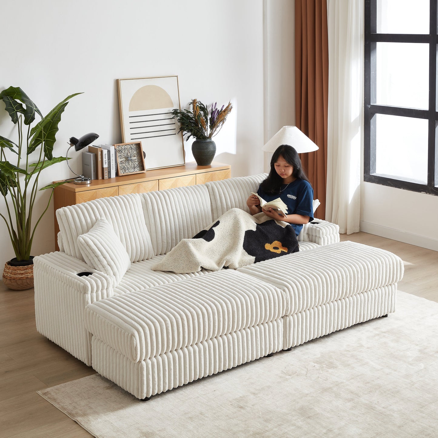 84Inch Corduroy 3-Seater Sofa With 3 Back Pillows ,2 Toss Pillows , a Ottoman ,2storage Spaces and Cup-Holding Grooves