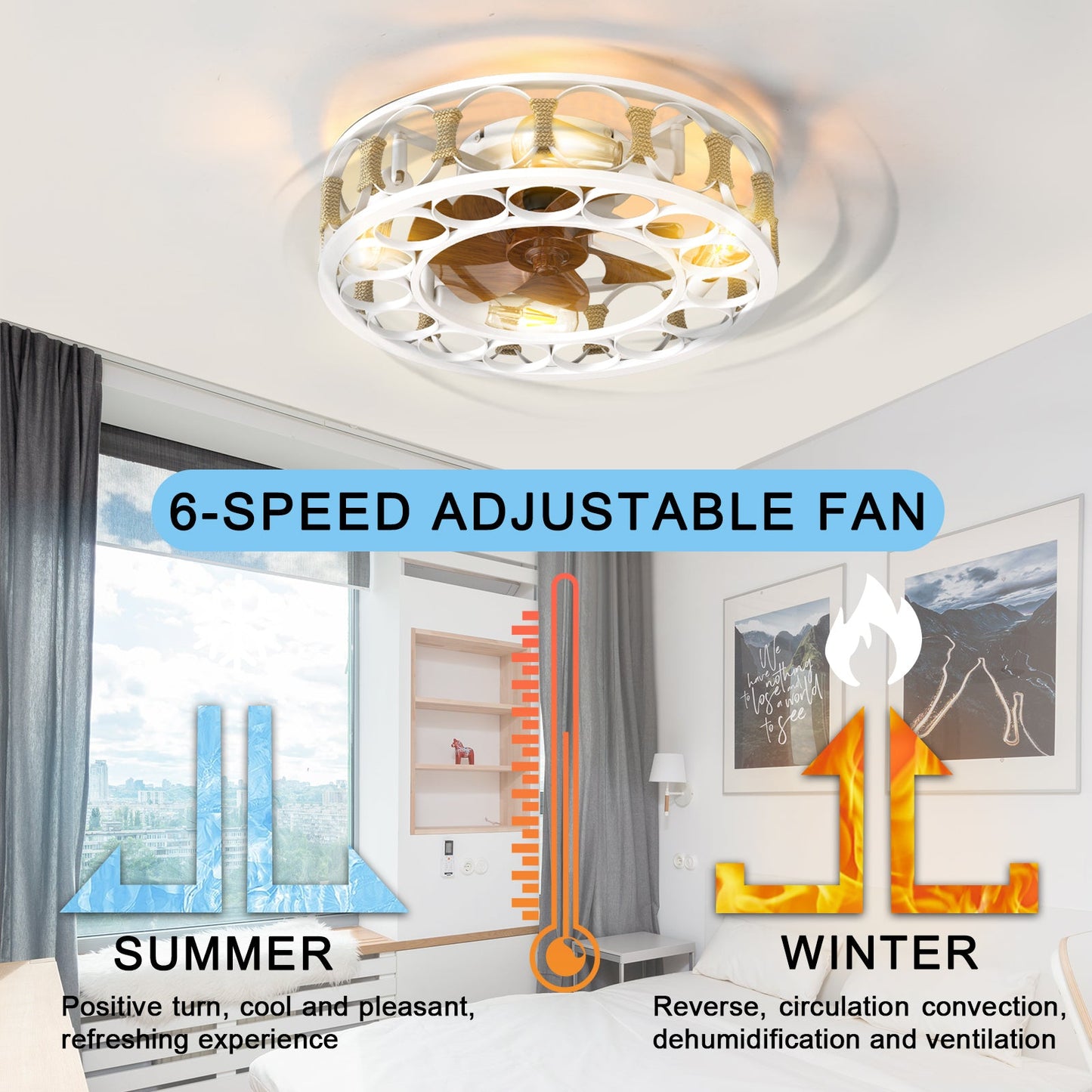 Caged Ceiling Fan With Lights Remote Control,Semi -Embedded Modern Ceiling Fans, 6 Speeds Reversible Blades, 4 LED Bulbs