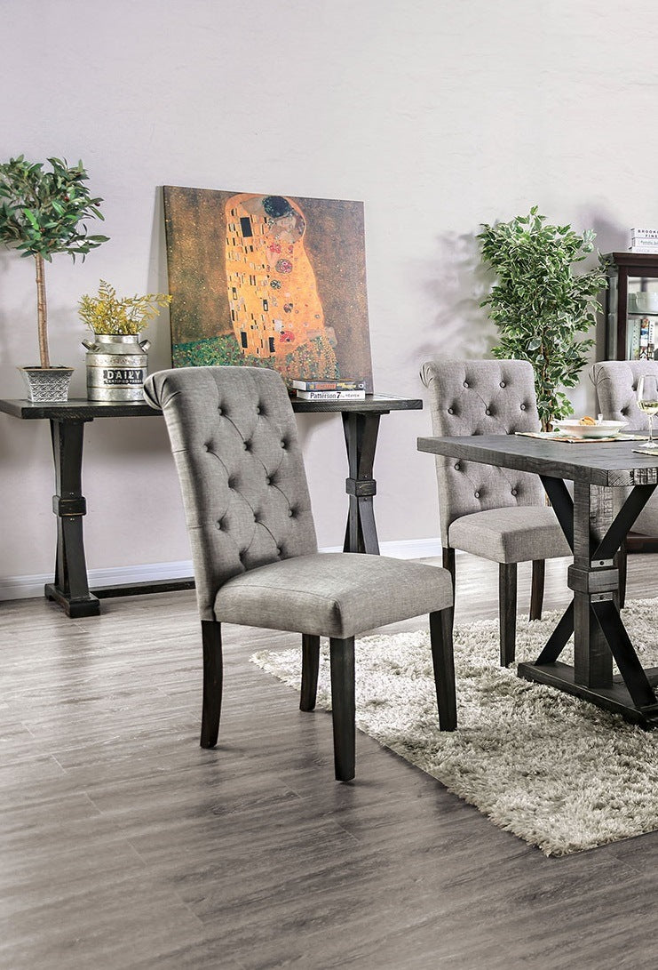 Classic Antique Black / Light Gray Set of 2 Side Chairs Button Tufted Linen Like Fabric Solid Wood Chair Upholstered