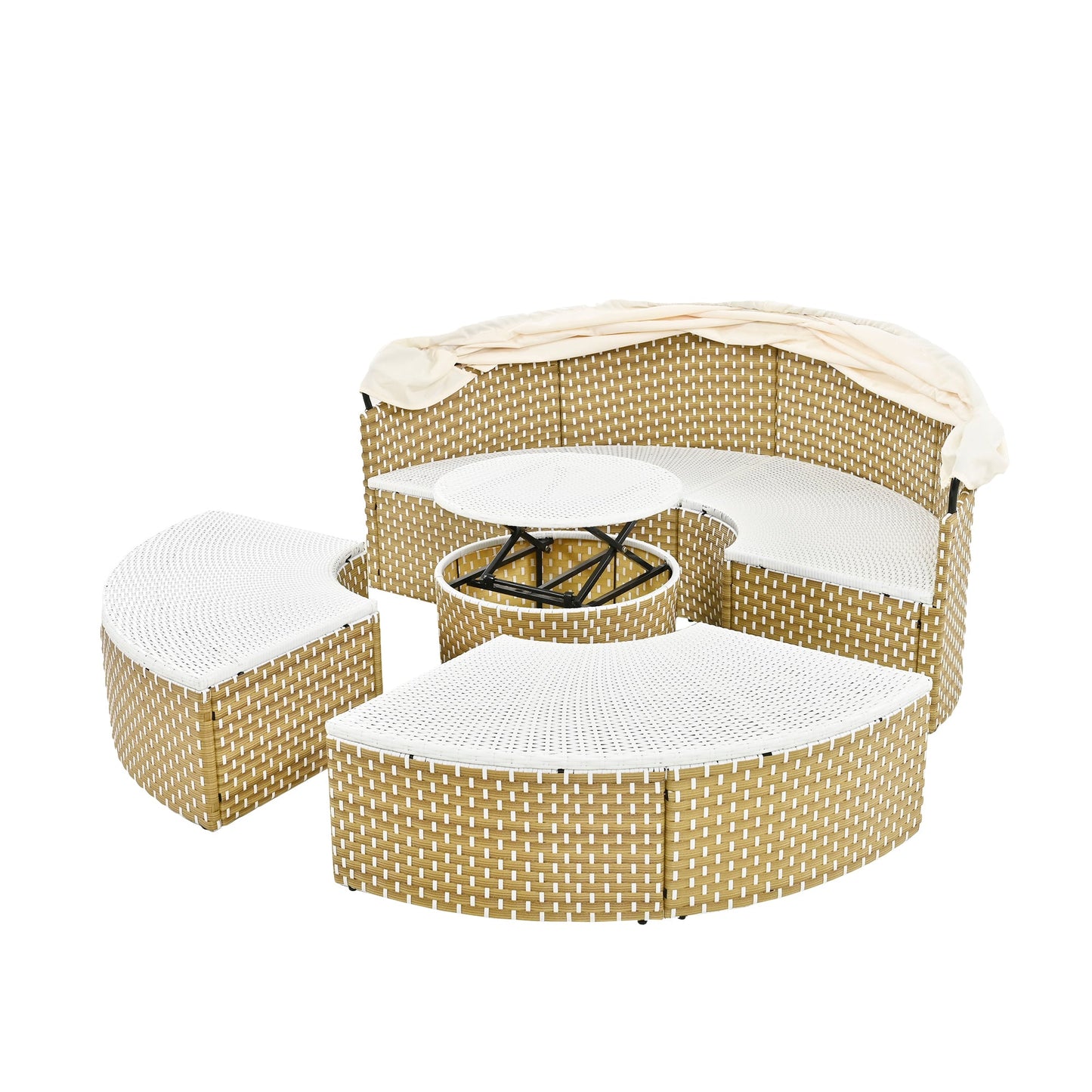 Patio Furniture Round Outdoor Sectional Sofa Set Rattan Daybed Two-Tone Weave Sunbed With Retractable Canopy
