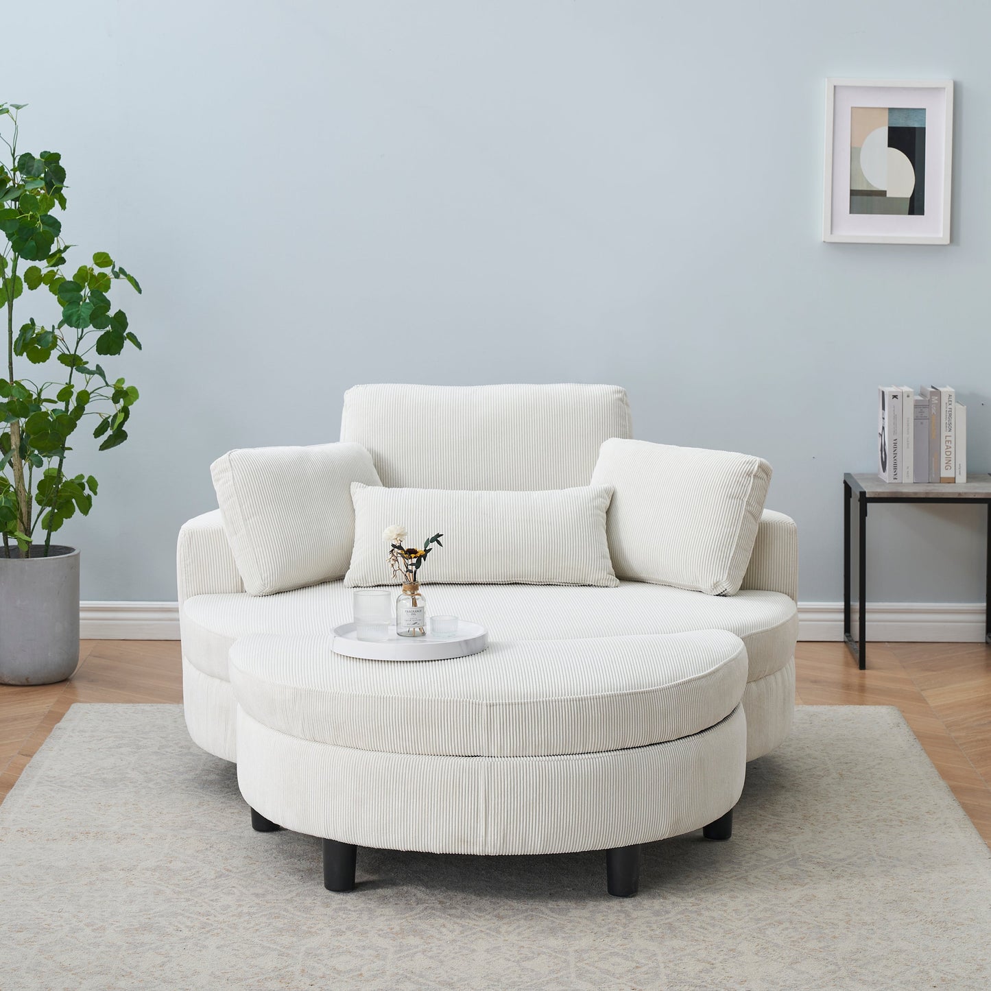 51-Inch Beige Corduroy Sofa With Two Throw Pillows and a Waist Pillow With an Extra Tray for Comfortable Seating