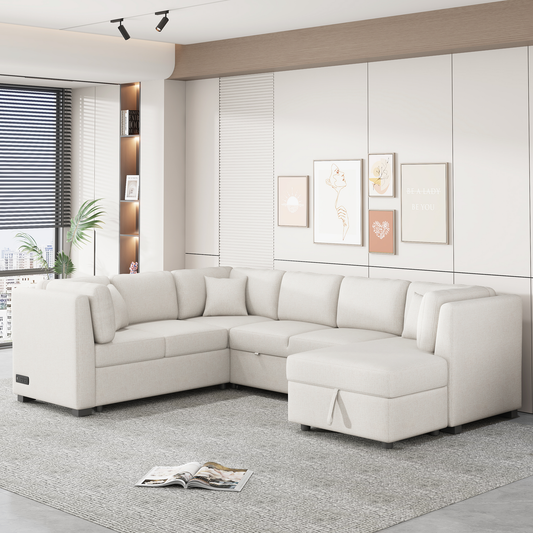 108.6" U-Shaped Sectional Sofa Pull Out Sofa Bed With Two USB Ports, Two Power Sockets, Three Back Pillows and a Storage