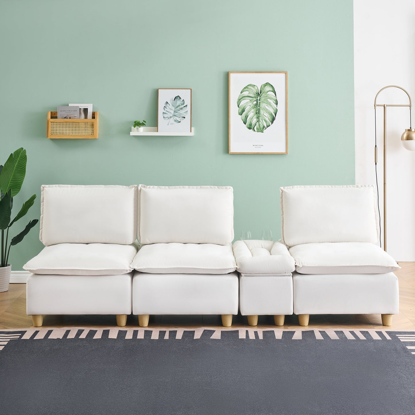 104-Inch Fashionable and Minimalist Straight-Row Three-Seater Off-White Flannel Sofa With a Storage Compartment, Cup Holder