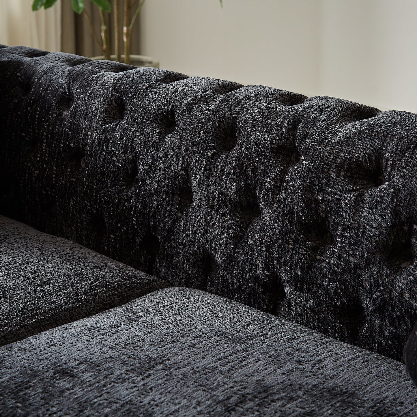82-Inch Chenille Pull Buckle Design Sofa for Living Room,Buttons Tufted With Copper Nail Decoration Armrest, Modern Couch