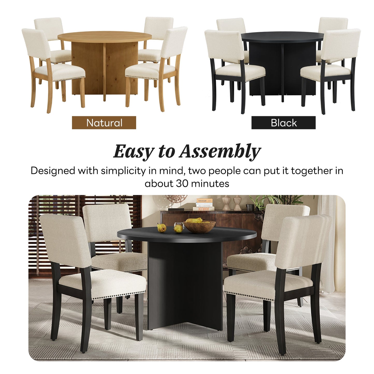 Modern 5-Piece Round Dining Table Set Pedestal Kitchen Table Set With 4 Upholstered Dining Chairs