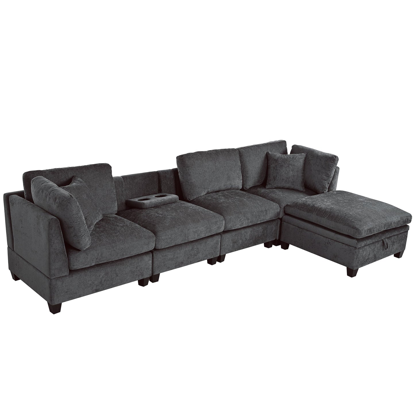 Upholstered Modular Sofa With Removable Storage Ottoman, 2 Hidden Cup Holders, Sectional Sofa for Living Room Apartment