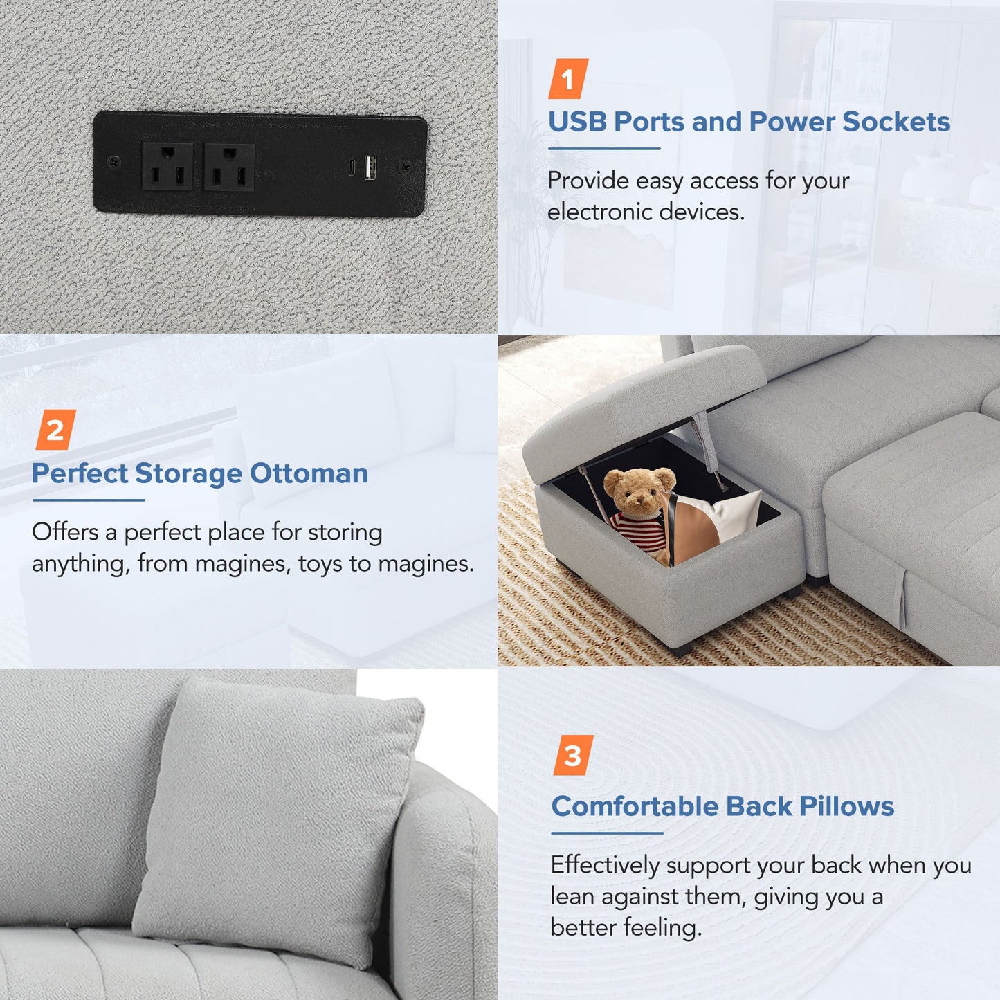 82.6" L-Shaped Sectional Pull Out Sofa Bed Sleeper Sofa With Two USB Ports, Two Power Sockets