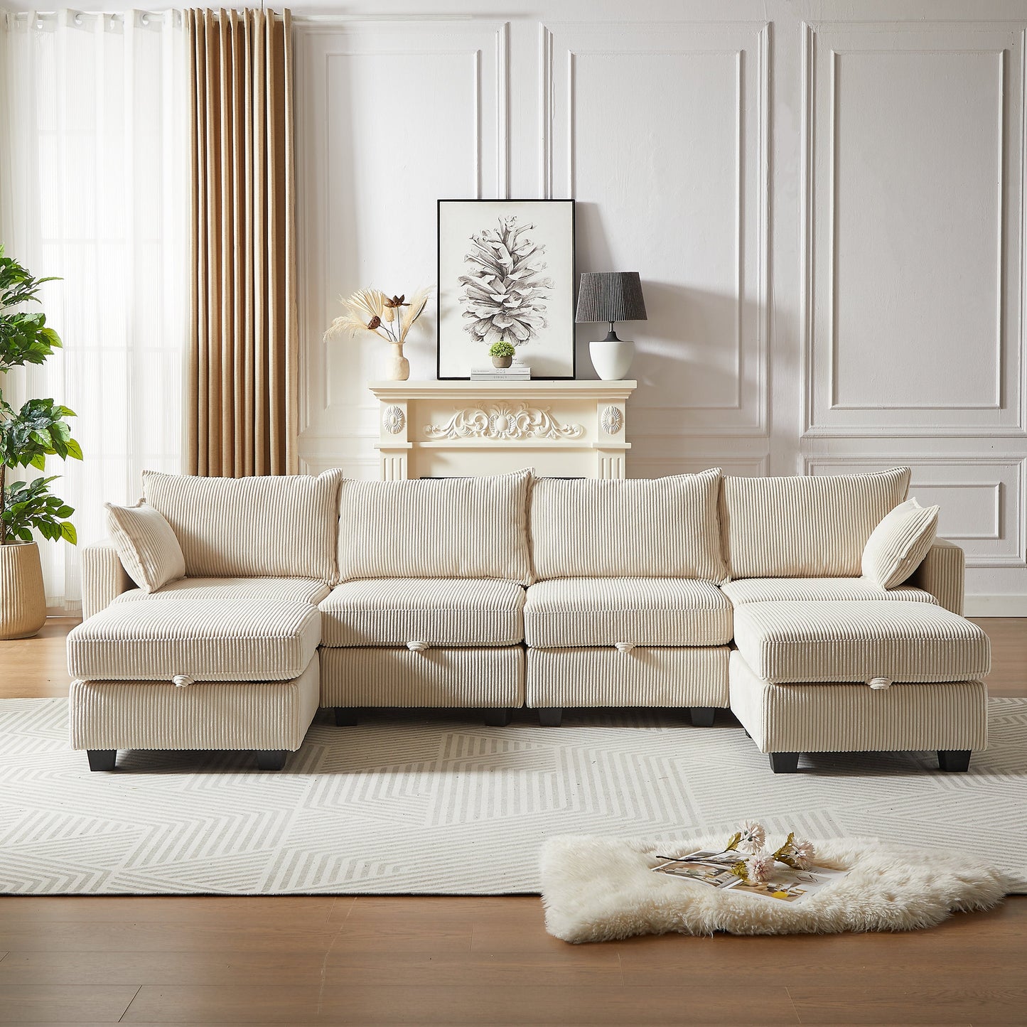 113.5'' Modular Sectiona Corduroy Sofa, Sectional Couches for Living Room U Shaped Sectional Couch With Storage Ottoman