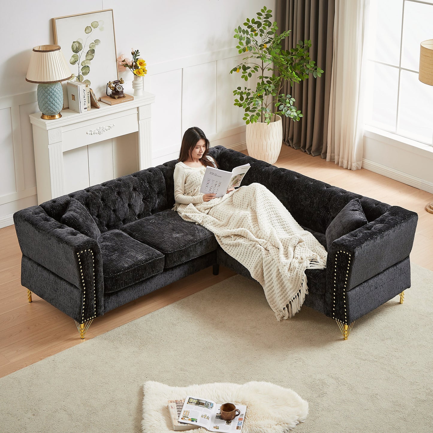 81.5-Inch Chenille Corner Sofa , L-Shaped Sectional Couch, 5-Seater Corner Sofas With 3 Cushions for Living Room, Bedroom