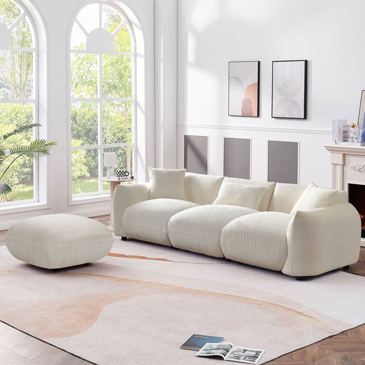 Mid Century Modern Couch 3-Seater Sofa With Ottoman Upholstered Footrest Stool Ottoman Foot Stool for Living Room, Bedroom
